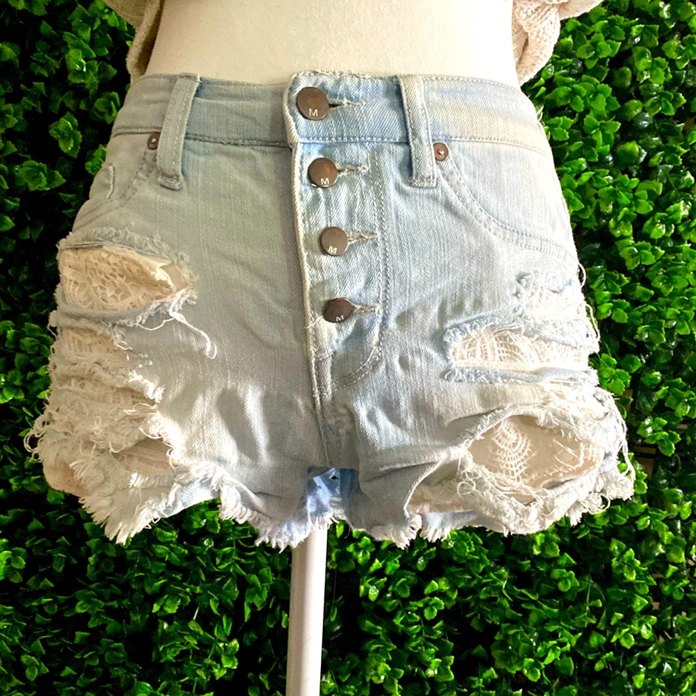 Ripped Jean High Rise Shorts with lace pockets